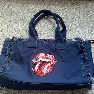 Navy Tote Bag with Sequin Lips Design